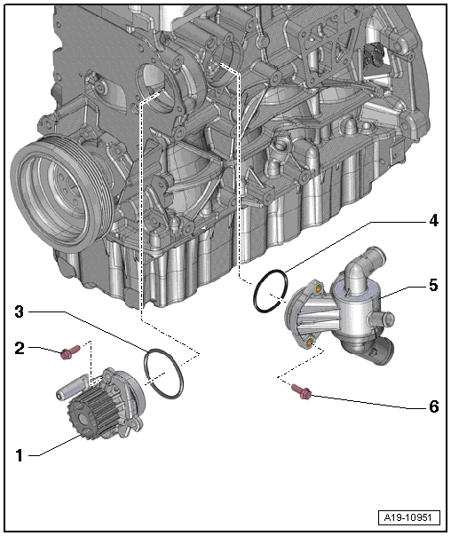 Seat Ibiza. Cuadro de montaje: bomba del líquido refrigerante/termostato del líquido refrigerante con válvula 4/2