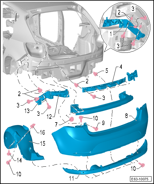 Seat Ibiza. Revestimiento del paragolpes posterior, modelo 5 puertas: cuadro general de montaje