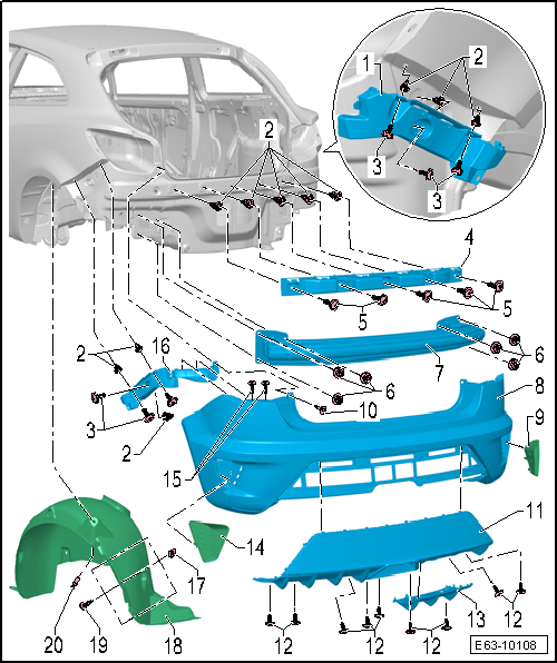 Seat Ibiza. Revestimiento del paragolpes posterior (versión CUPRA y BOCANEGRA): cuadro general de montaje