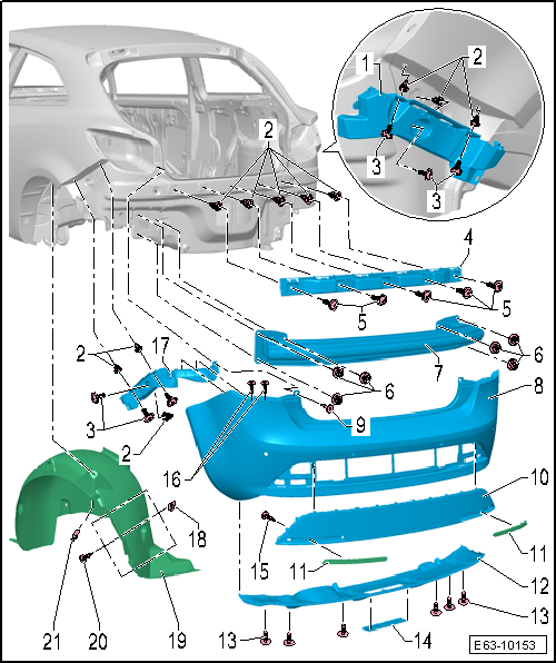 Seat Ibiza. Revestimiento del paragolpes posterior: cuadro general de montaje, Parte I
